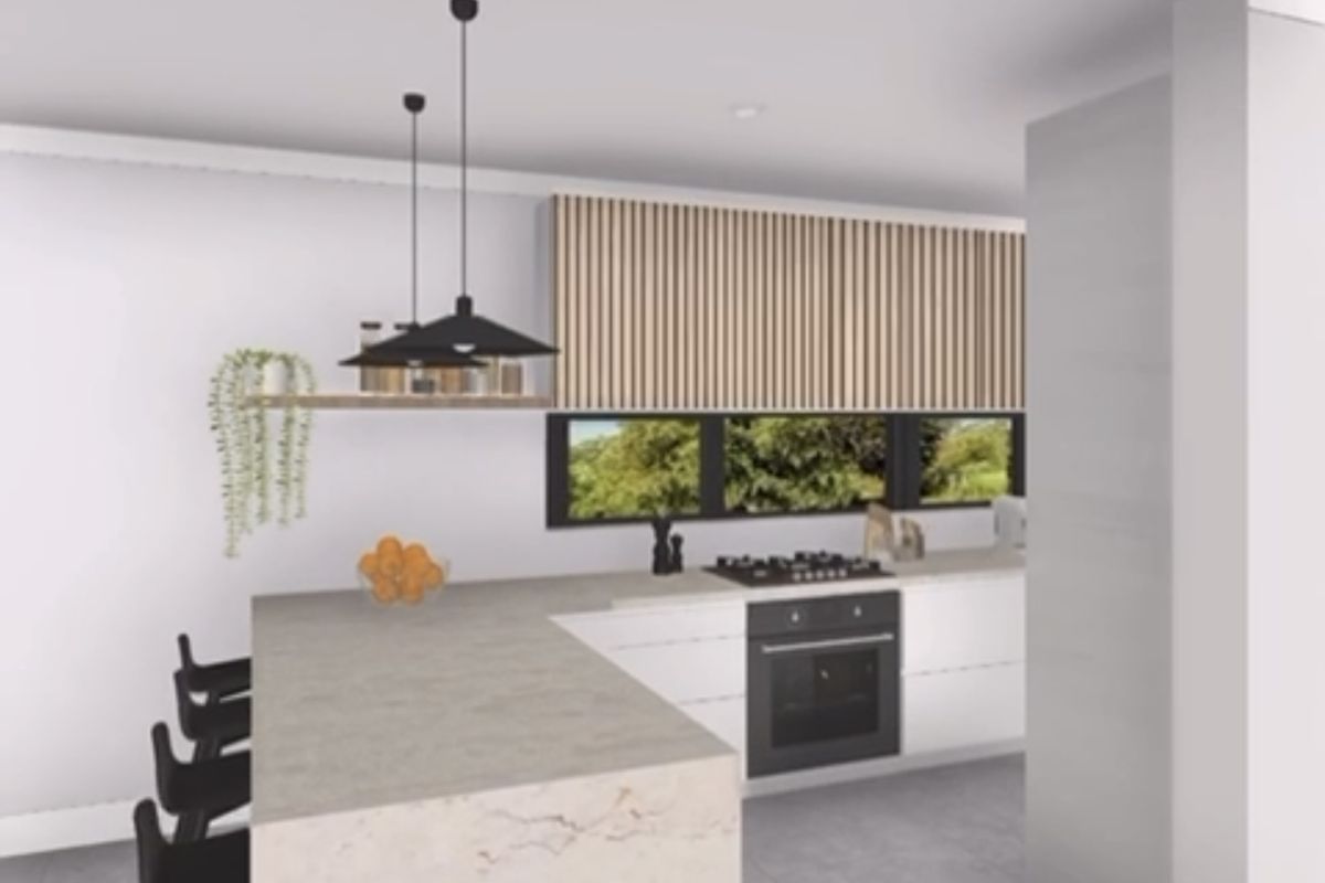 Modern kitchen featuring a stone island, slatted timber cabinetry, built-in oven, gas hob, and tiled flooring in a contemporary open-plan layout.