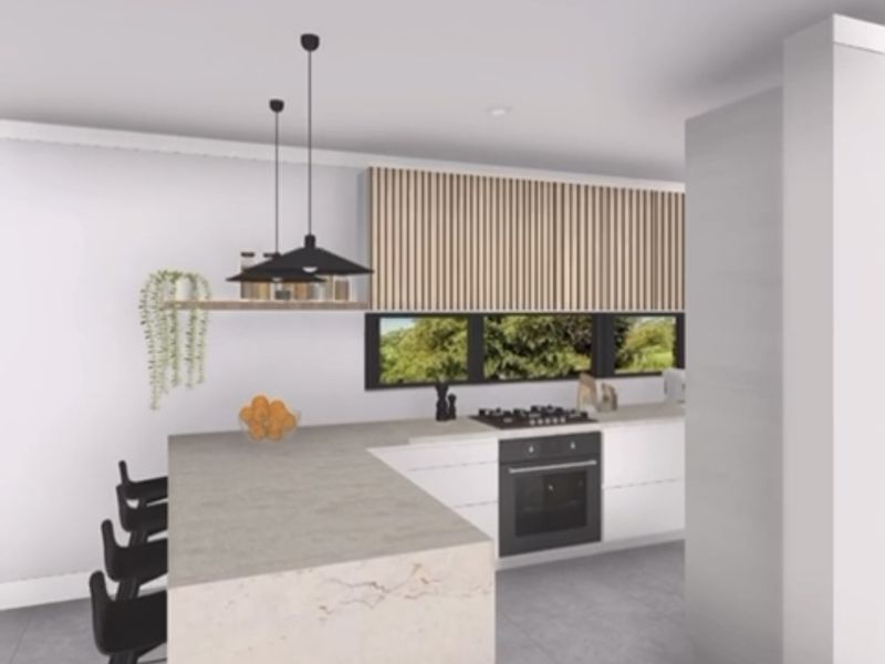 Modern kitchen featuring a stone island, slatted timber cabinetry, built-in oven, gas hob, and tiled flooring in a contemporary open-plan layout.