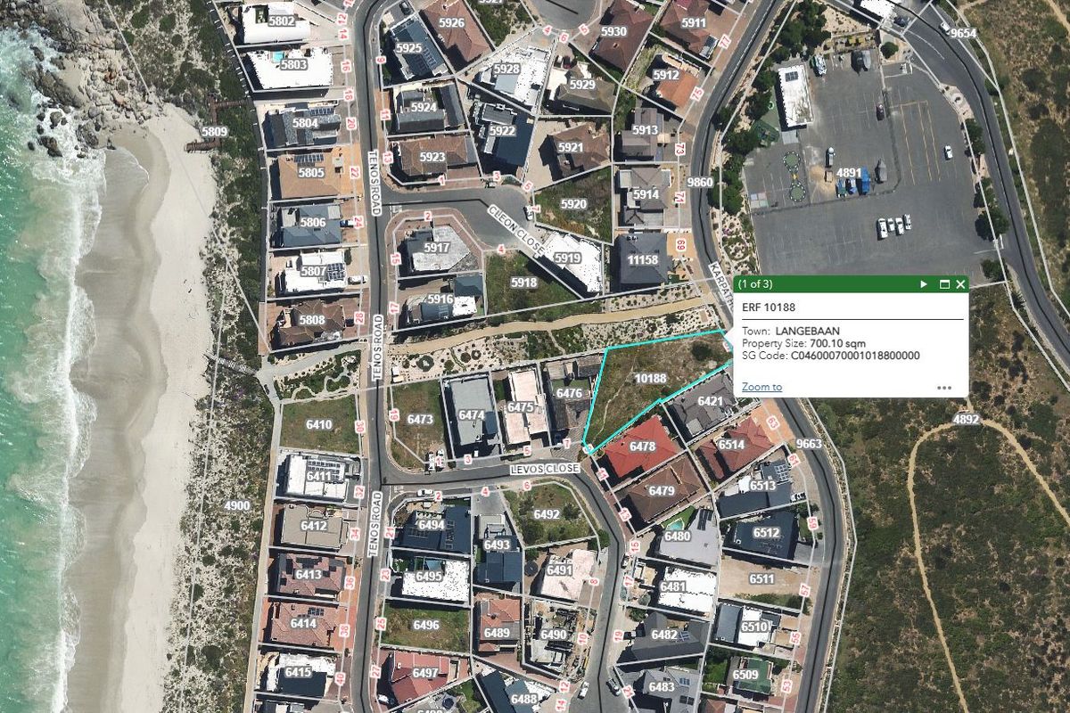 Aerial view of a vacant residential land plot in Langebaan, highlighting the property boundaries and surrounding neighborhood context.