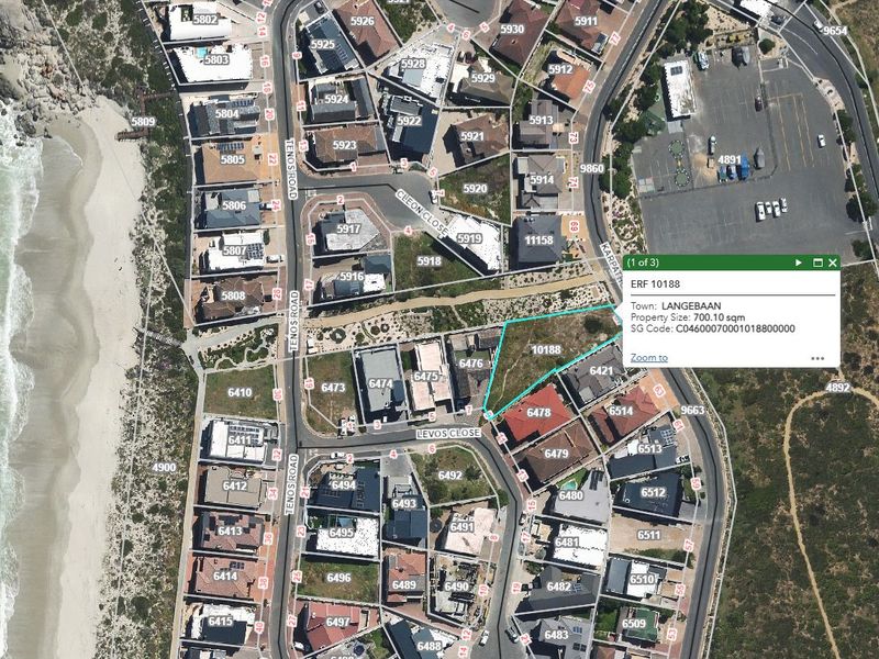 Aerial view of a vacant residential land plot in Langebaan, highlighting the property boundaries and surrounding neighborhood context.