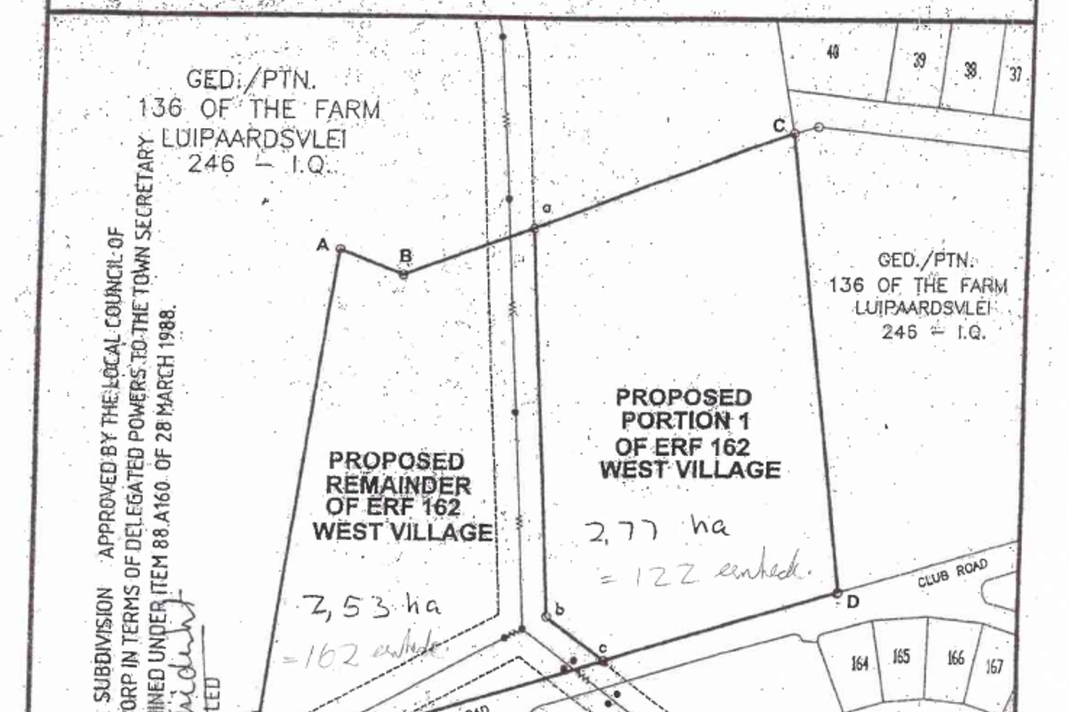A subdivision sketch plan for Erf 162 in West Village, detailing proposed portions and land measurements.