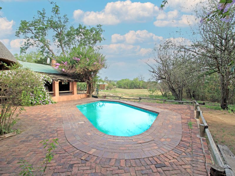Outdoor pool area featuring a brick-paved deck, adjacent covered patio with thatched roof, and scenic views of the surrounding farm landscape.