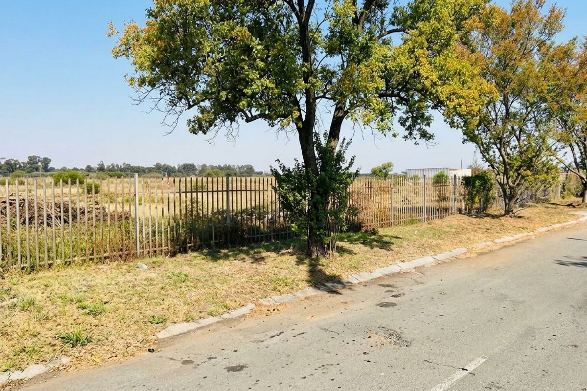 Street view of a vacant residential plot featuring mature trees and metal palisade perimeter fencing along an asphalt road.