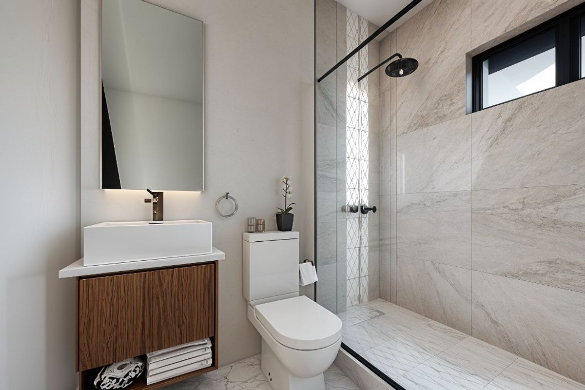 Modern bathroom featuring a floating wood-finish vanity, vessel sink, walk-in shower with glass screen, and contemporary large-format wall and floor tiling.