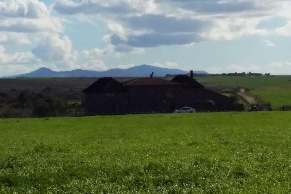 A distant view of a farmhouse set within expansive green fields, featuring a traditional pitched roof and chimney against a mountain backdrop.