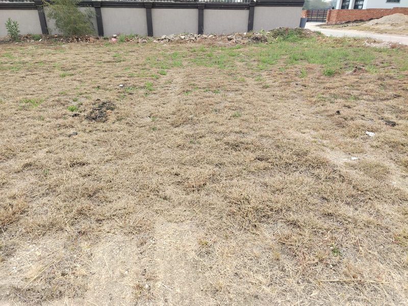 A vacant residential plot featuring dry grass and a perimeter boundary wall, offering a blank canvas for future development.