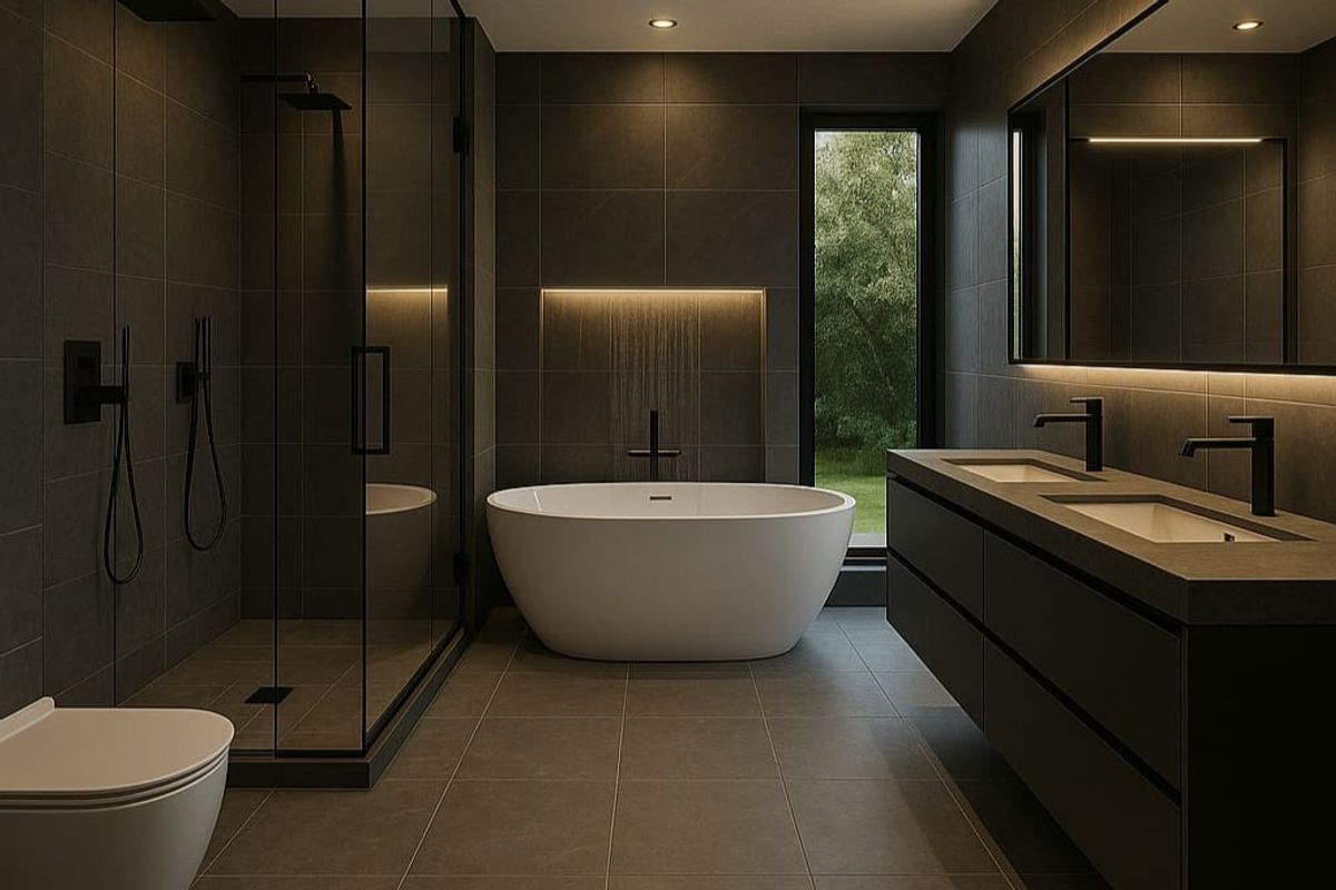 Modern luxury bathroom featuring a freestanding bathtub, walk-in shower, double vanity, and high-end dark tile finishes with integrated ambient lighting.