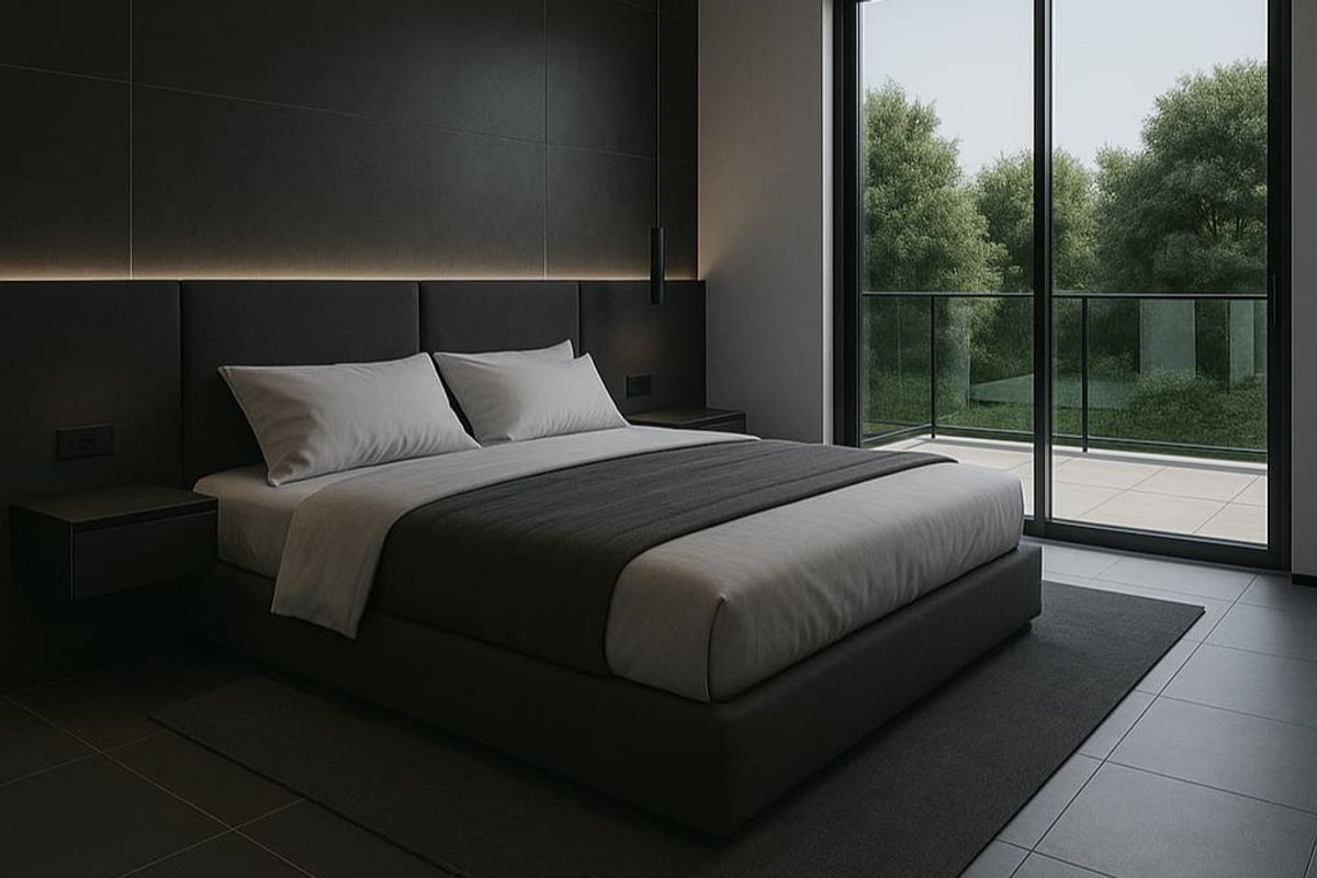 Modern bedroom featuring dark tiled flooring, integrated headboard wall paneling with ambient LED lighting, and large sliding glass doors opening to a private balcony.