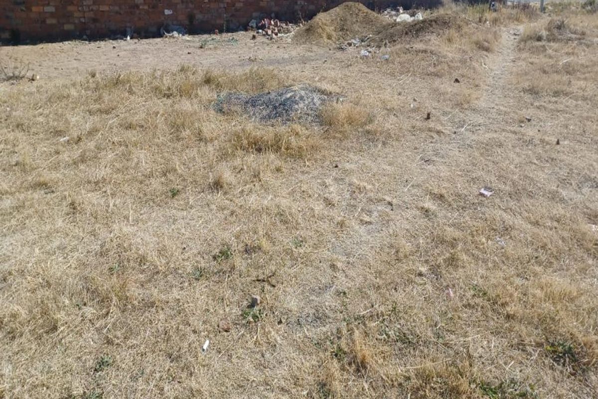 A vacant residential plot featuring dry grass, uneven terrain, and a perimeter brick wall, offering a blank canvas for future development.