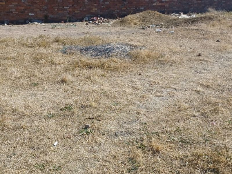 A vacant residential plot featuring dry grass, uneven terrain, and a perimeter brick wall, offering a blank canvas for future development.