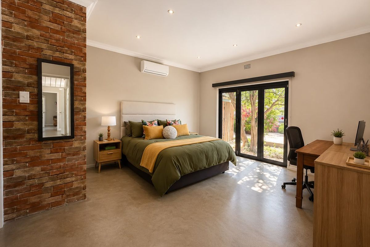 Spacious bedroom featuring a striking exposed brick wall, polished concrete floors, and large sliding doors providing direct access to the garden.