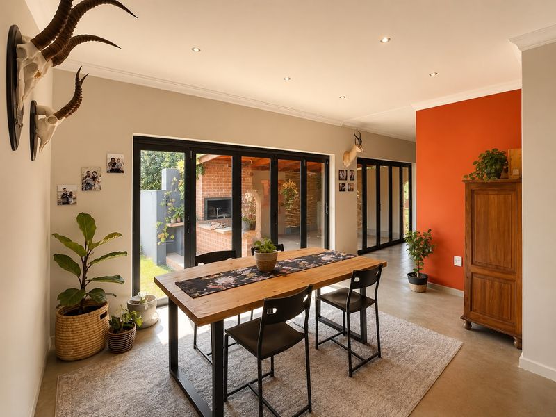 Spacious dining area featuring polished concrete floors, recessed lighting, and large bi-fold doors providing seamless access to the outdoor patio and garden.