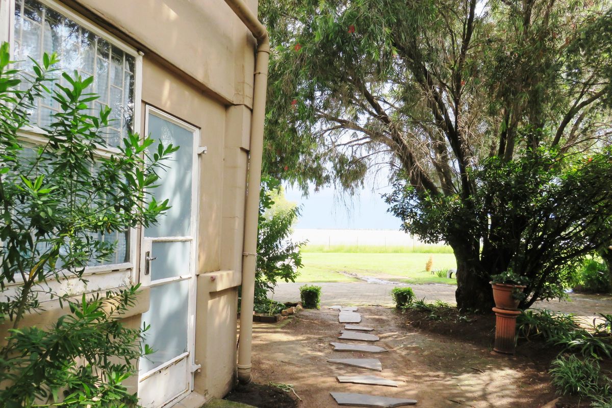A view of the rear exterior of the apartment featuring a security door, casement window, and a stone pathway leading into the garden area.