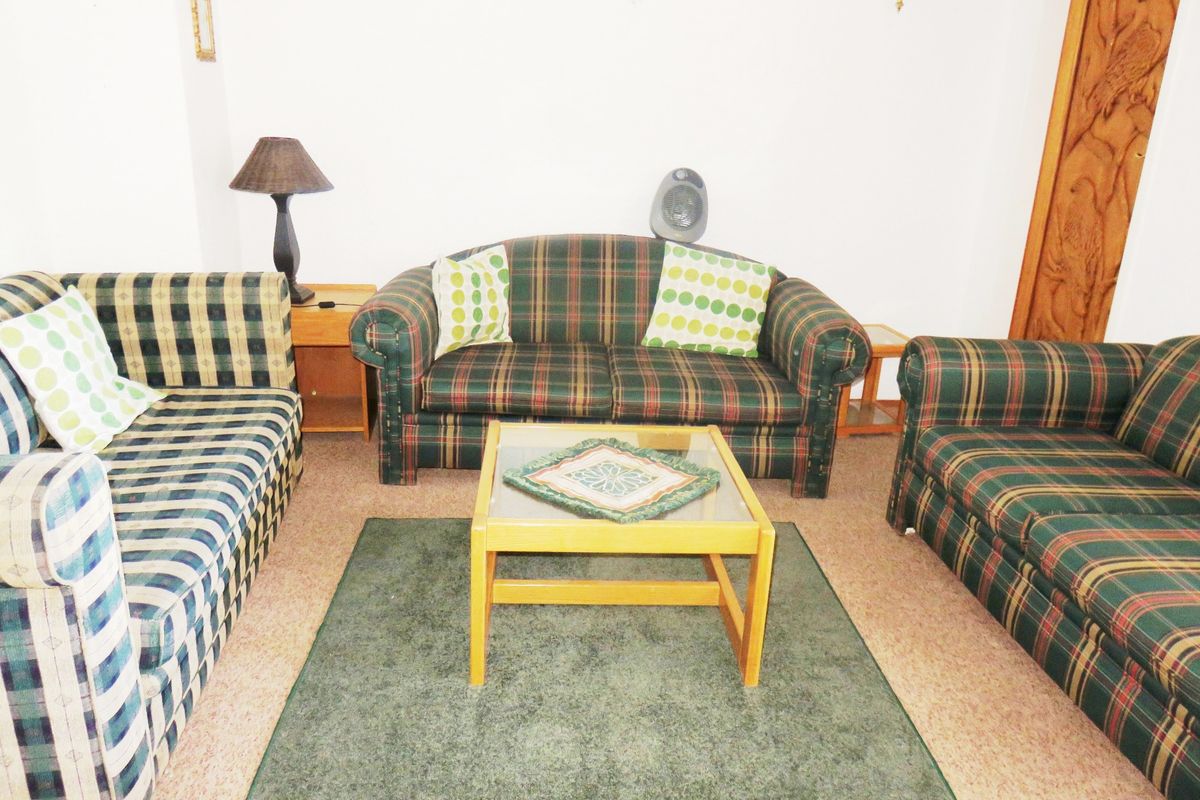 A living room area featuring neutral walls, carpeted flooring, and traditional wooden door detailing.