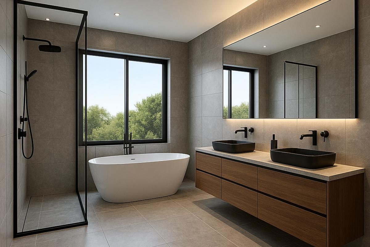 Modern bathroom featuring a freestanding bathtub, walk-in shower with black frame, double vanity with matte black fixtures, and elegant recessed lighting.