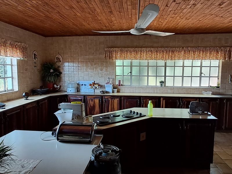 Spacious kitchen featuring extensive timber cabinetry, tiled splashbacks, a timber-clad ceiling, and a central island with a built-in hob.