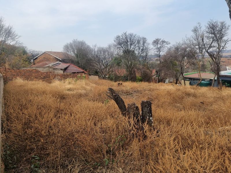 A vacant residential plot featuring overgrown dry grass and a partial brick boundary wall, offering potential for future development.