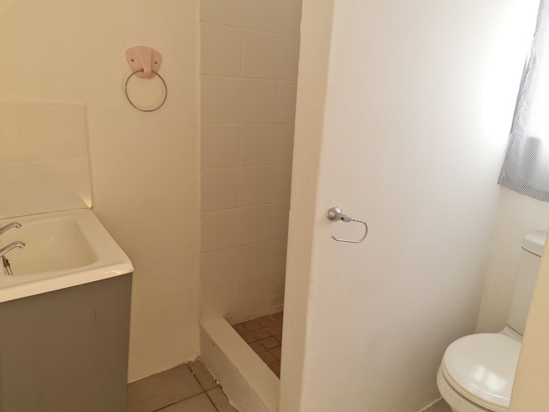 A functional bathroom featuring a vanity basin, a tiled shower cubicle, and a toilet, presenting a dated aesthetic ready for modernization.