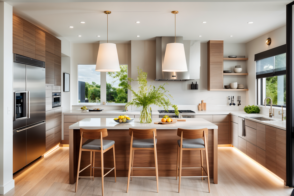 Modern kitchen featuring wood cabinetry, stone countertops, integrated appliances, a central island with seating, and elegant pendant lighting.