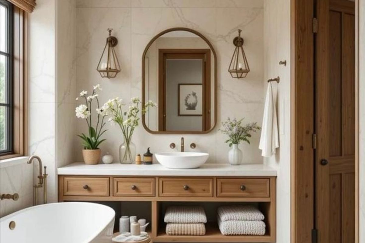 A modern, well-appointed bathroom featuring a freestanding bathtub, a custom wooden vanity with a vessel sink, and elegant marble wall and floor tiling.