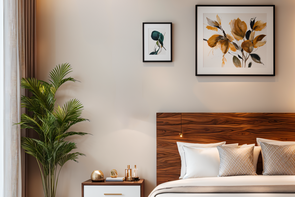 A modern, well-appointed bedroom featuring warm hardwood flooring, recessed ceiling lighting, and a stylish integrated wooden headboard.