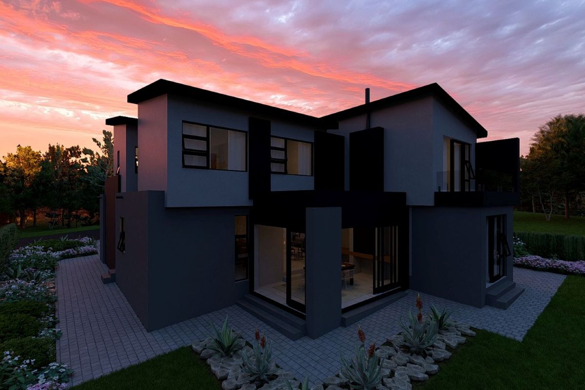 A modern two-story residential exterior at dusk, featuring clean architectural lines, paved patio areas, and a landscaped garden.