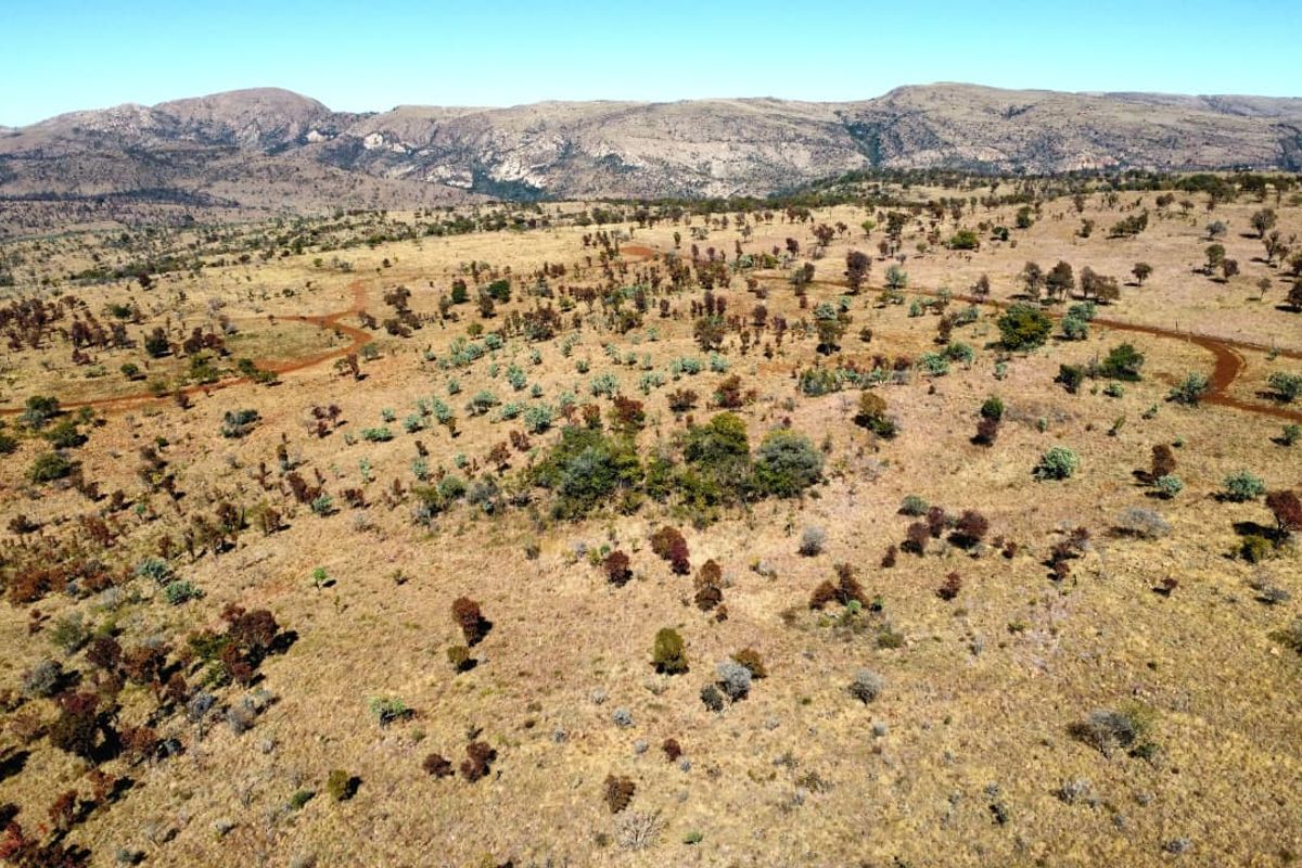 An aerial view of expansive vacant residential land featuring natural terrain, native vegetation, and existing dirt access tracks with mountain views in the distance.