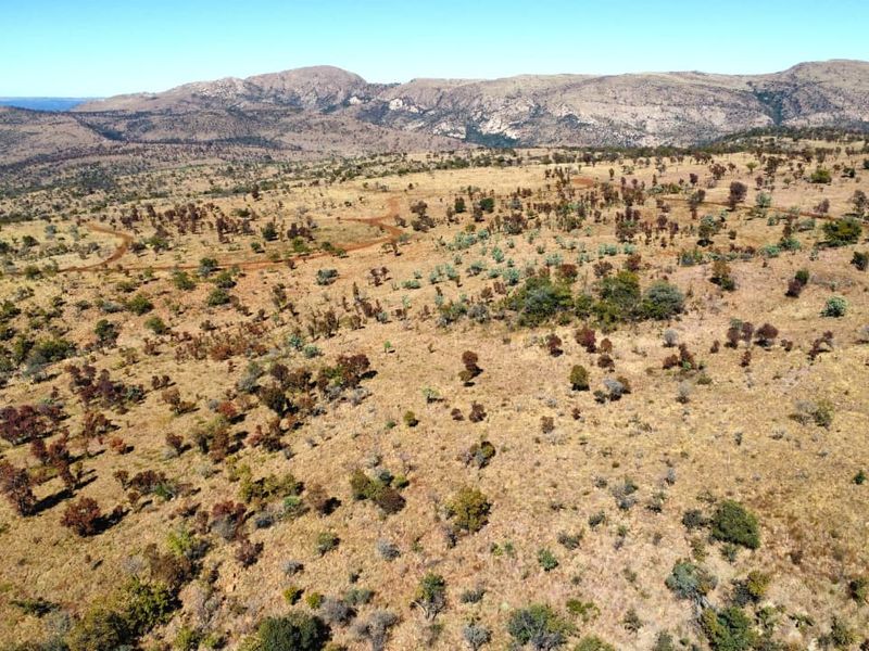 An aerial view of a large, undeveloped residential land parcel featuring native vegetation, rolling terrain, and distant mountain views.