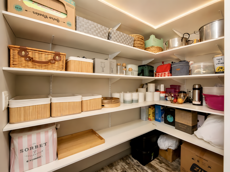 A well-organized walk-in pantry or scullery featuring extensive built-in shelving and integrated recessed LED lighting for optimal visibility.