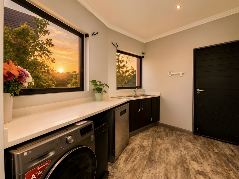Modern, well-appointed laundry room featuring sleek dark cabinetry, stone countertops, integrated dishwasher, and large windows offering a scenic sunset view.