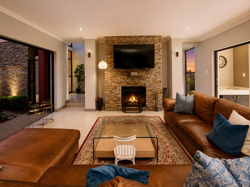 Spacious living room featuring a prominent stone-clad fireplace, large sliding doors opening to an outdoor area, and modern recessed lighting.
