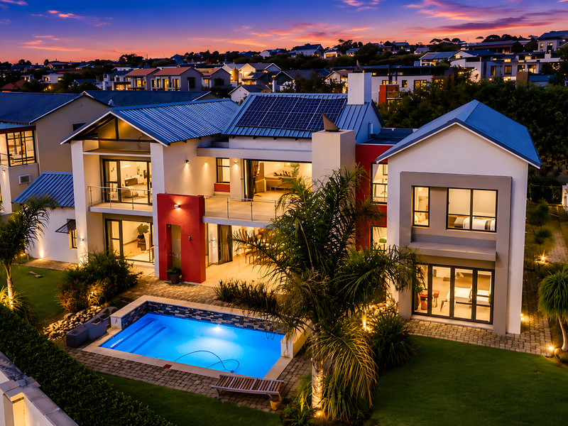 Aerial view of a modern multi-story residence at dusk, featuring a swimming pool, solar panels, and landscaped garden in a residential estate setting.