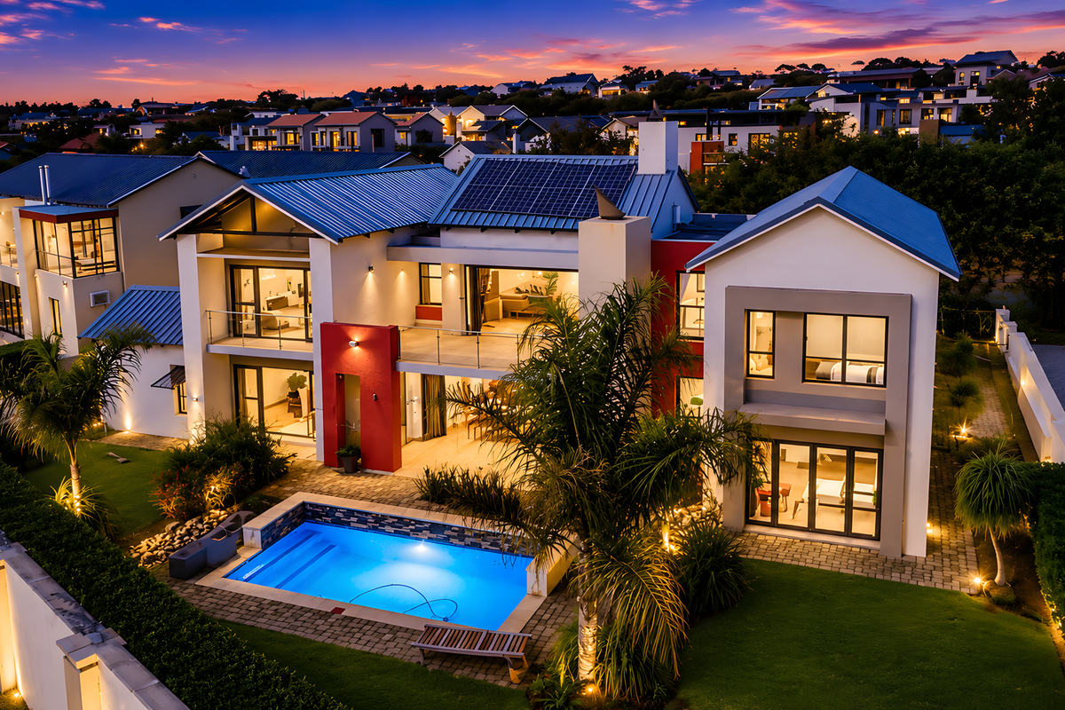 Aerial view of a modern multi-story residence at dusk, featuring a swimming pool, solar panels, and landscaped garden in a residential estate setting.