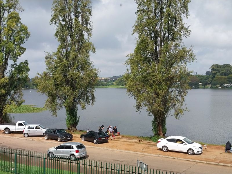 An elevated view overlooking a lake with a roadside area, mature trees, and a metal perimeter fence in the foreground.