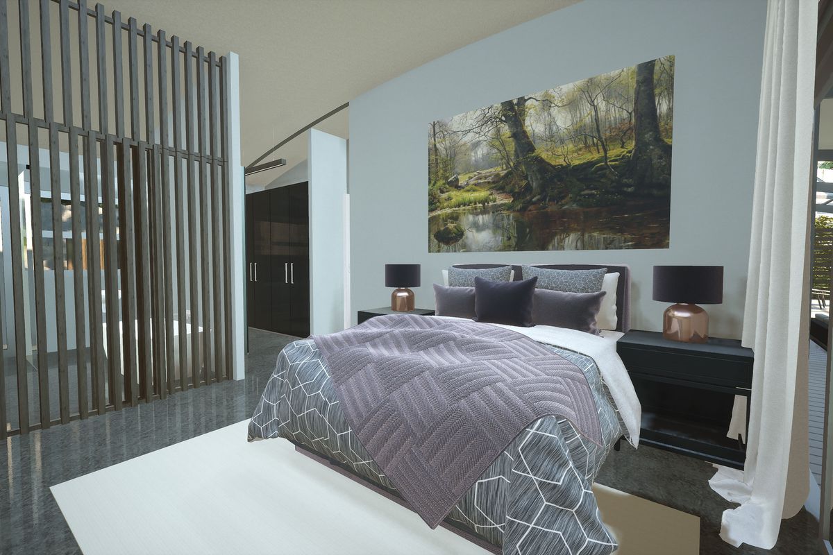 Modern bedroom featuring a timber slat room divider, built-in wardrobe, and sleek tiled flooring in a contemporary residential setting.