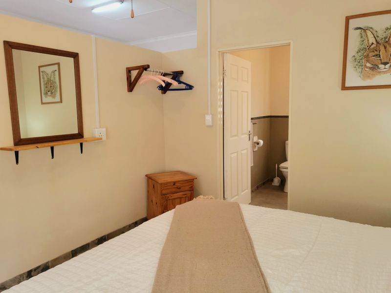A bedroom featuring neutral wall tones, a dedicated en-suite bathroom, and functional built-in wall fixtures.