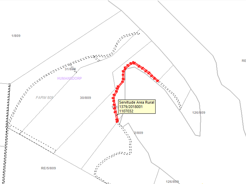A cadastral map showing the property boundaries and a designated rural servitude area.
