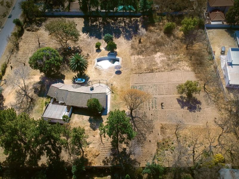 Aerial view of a residential property featuring a large plot with mature trees, a swimming pool, and a tiled-roof dwelling.