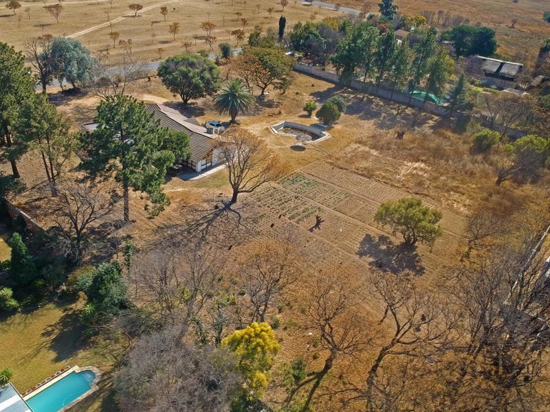 Aerial view of a large residential plot featuring mature trees, a swimming pool, and an established garden area with perimeter fencing.