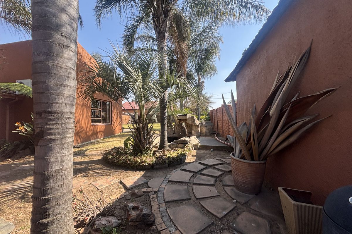 A rear garden area featuring a paved pathway, established palm trees, a stone water feature, and terracotta-colored exterior walls.