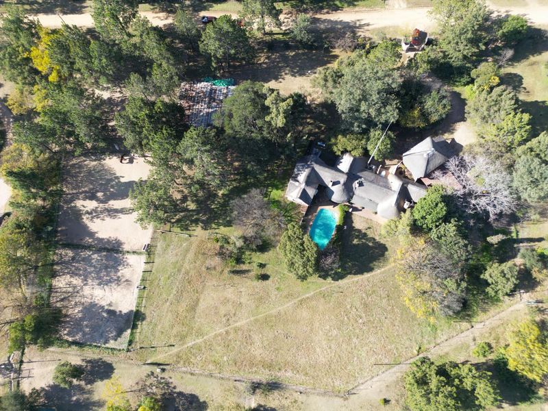 Aerial view of a property featuring a thatched-roof house, a swimming pool, and extensive surrounding grounds with mature trees and fencing.