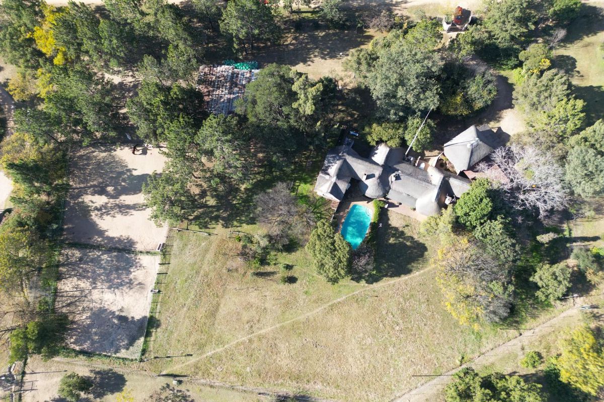 Aerial view of a property featuring a thatched-roof house, a swimming pool, and extensive surrounding grounds with mature trees and fencing.