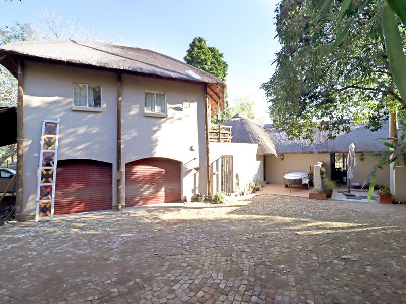 Front exterior view of a thatched-roof house featuring a double garage and a cobblestone driveway.