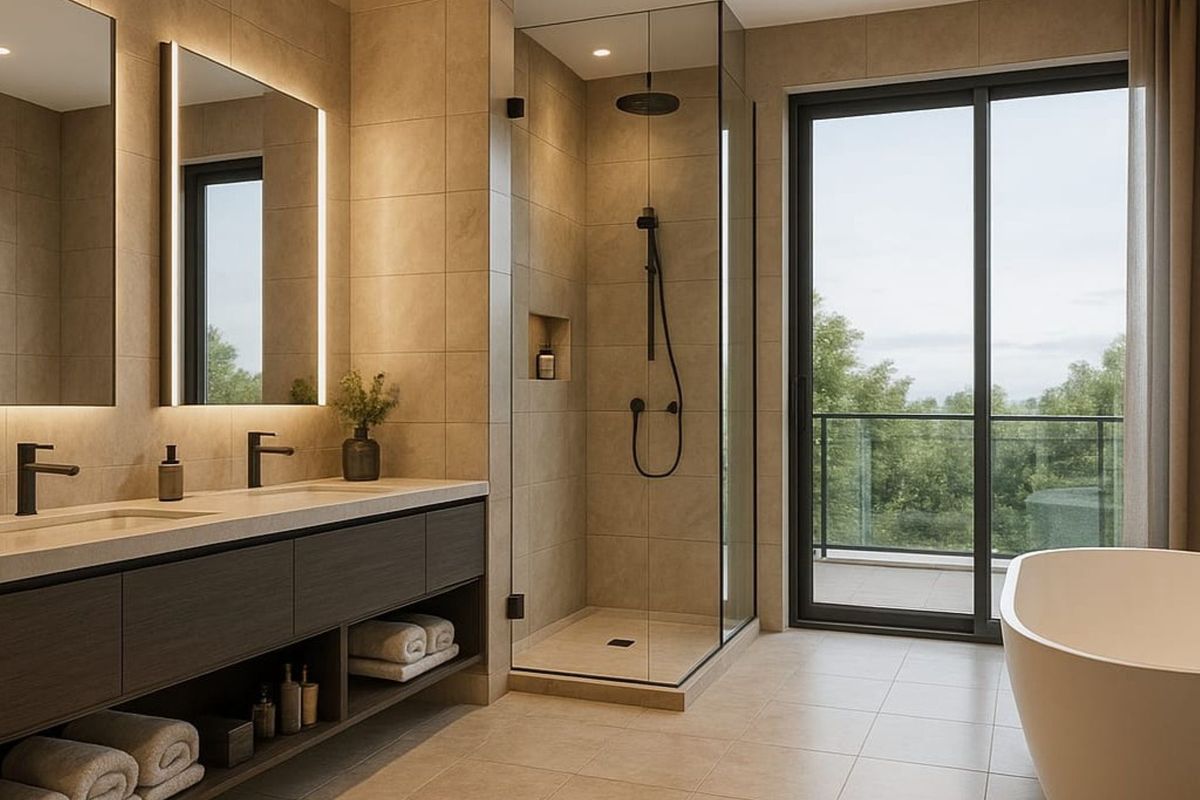 Modern luxury bathroom featuring a double vanity, walk-in glass shower, freestanding bathtub, and large sliding doors leading to a balcony with scenic views.