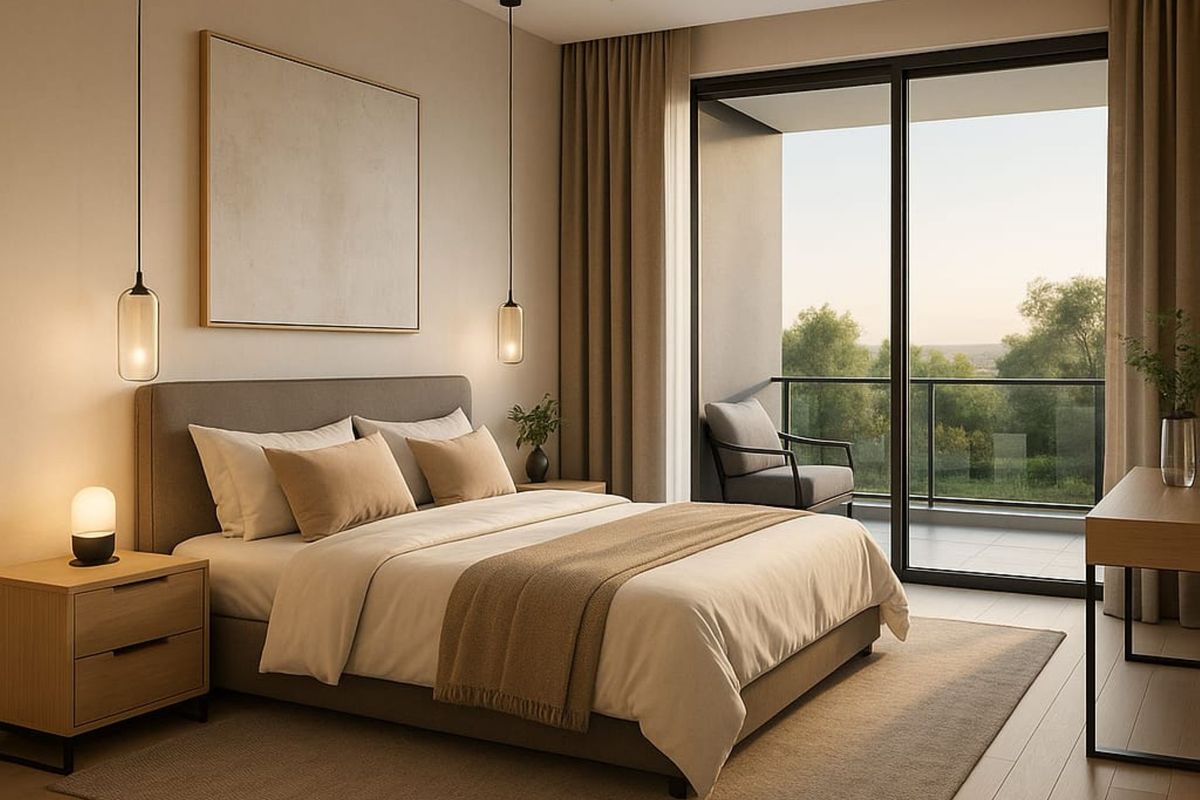 A modern, well-lit bedroom featuring hardwood floors, recessed ceiling lighting, and a large sliding glass door providing access to a private balcony.