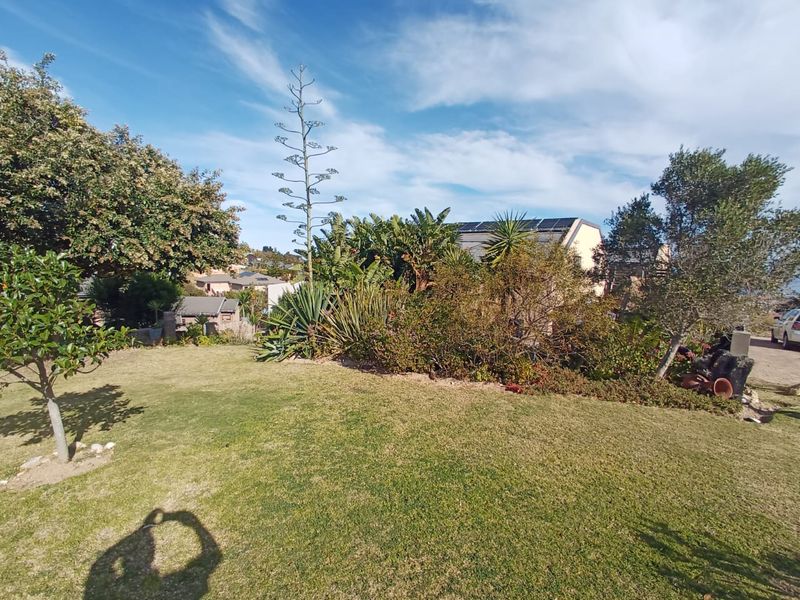 A well-maintained garden area featuring established landscaping, lawn, and solar panels installed on the roof of the property.