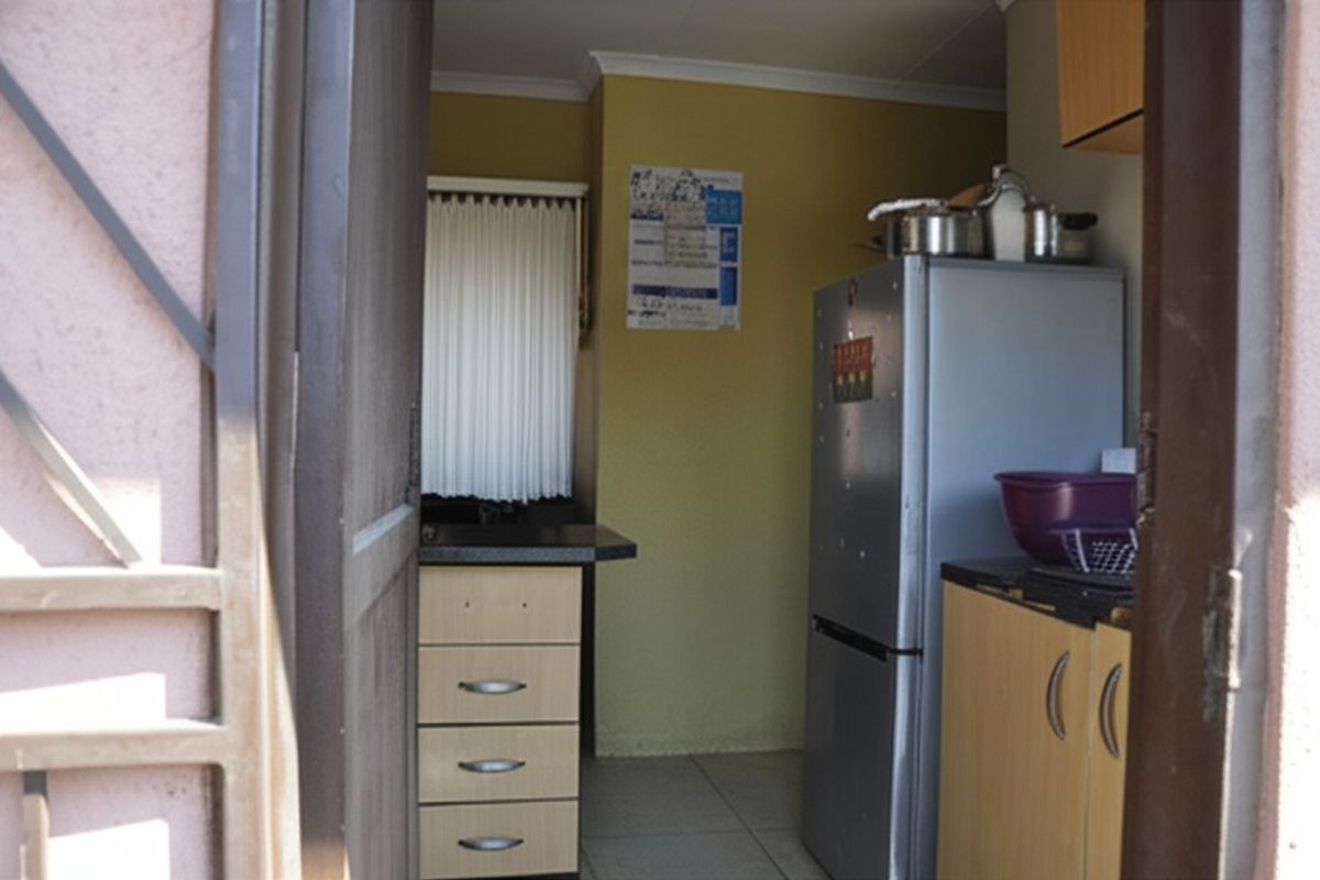 A compact kitchen area featuring built-in cabinetry, laminate countertops, and tiled flooring, viewed from the entrance.