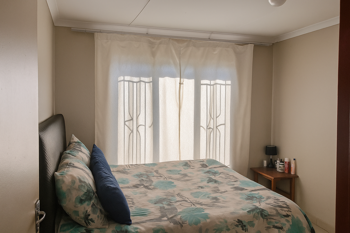 A functional bedroom featuring a large window with curtain tracks and neutral wall finishes.