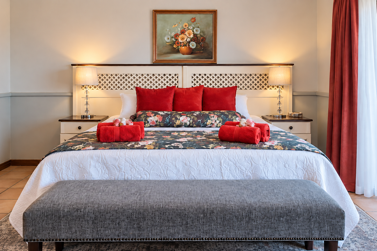 A well-maintained bedroom featuring tiled flooring, a built-in headboard, and a sliding glass door providing access to an outdoor area.