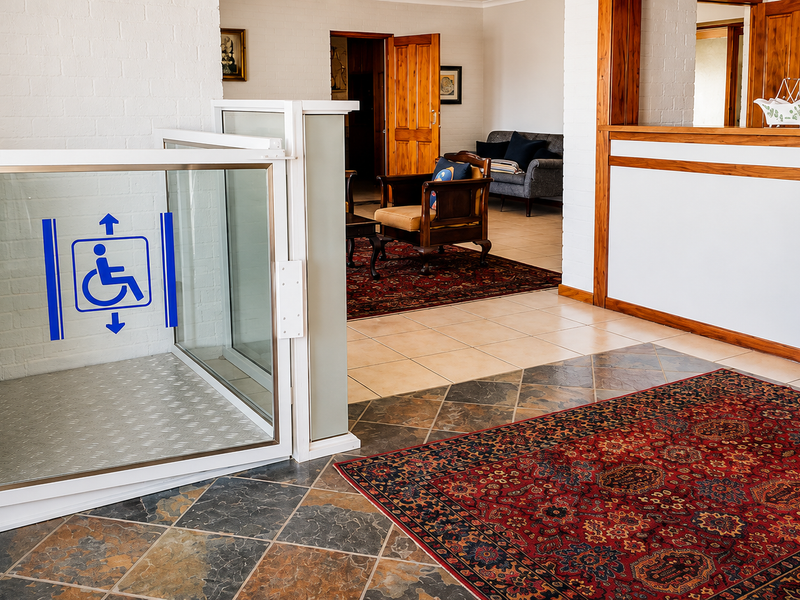 Entrance foyer featuring a built-in wheelchair lift, tiled flooring, and timber door frames leading into the living area.